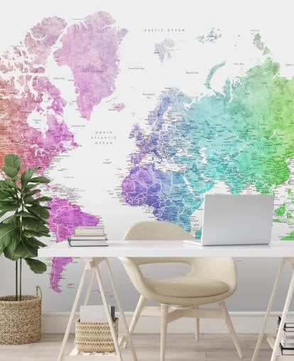 fresque murale de la carte du monde avec des villes aux couleurs de l'arc-en-ciel fresque murale de la carte du monde avec des villes aux couleurs de l'arc-en-ciel