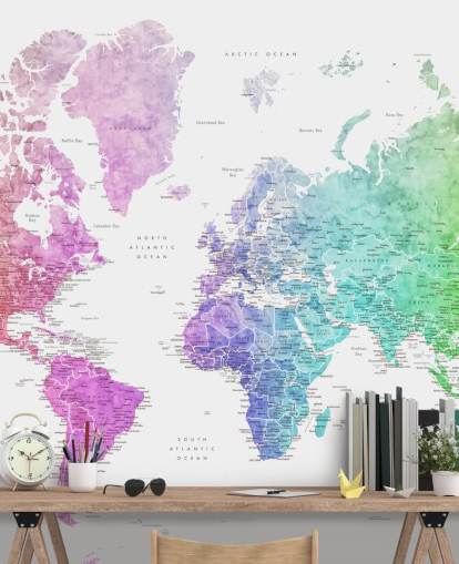 mural de pared de mapa del mundo con ciudades en colores del arcoíris
