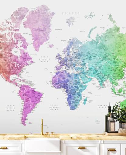 world map wall mural with cities in rainbow colors