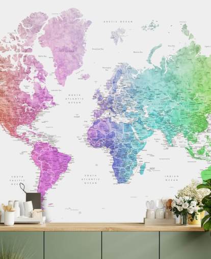 world map wall mural with cities in rainbow colours