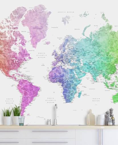mural de pared de mapa del mundo con ciudades en colores del arcoíris mural de pared de mapa del mundo con ciudades en colores del arcoíris