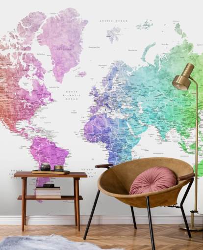 wereldkaart muurschildering met steden in regenboogkleuren