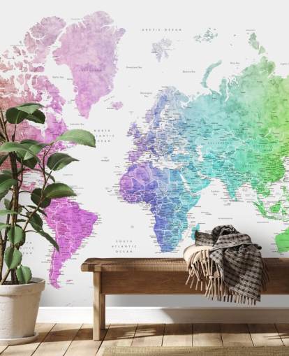 mural de pared de mapa del mundo con ciudades en colores del arcoíris mural de pared de mapa del mundo con ciudades en colores del arcoíris