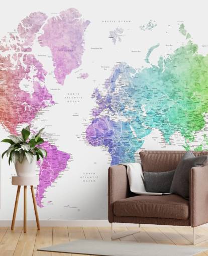 Weltkarten-Wandbild mit Städten in Regenbogenfarben Weltkarten-Wandbild mit Städten in Regenbogenfarben