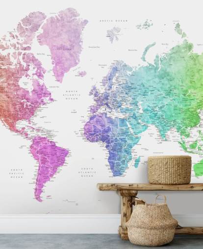 mural de pared de mapa del mundo con ciudades en colores del arcoíris