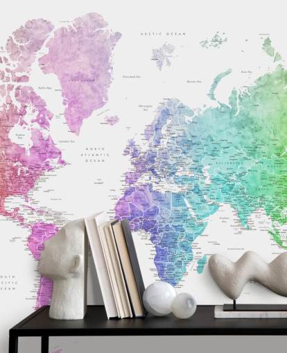 world map wall mural with cities in rainbow colors