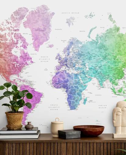 world map wall mural with cities in rainbow colours