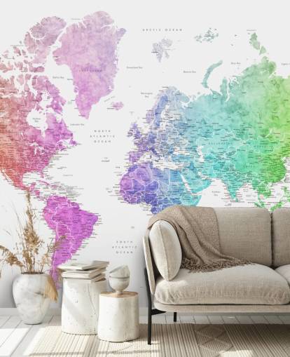 world map wall mural with cities in rainbow colours