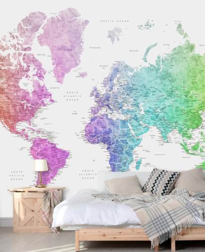 wereldkaart muurschildering met steden in regenboogkleuren wereldkaart muurschildering met steden in regenboogkleuren