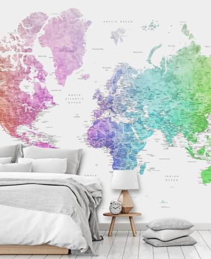 murale con mappa del mondo con città dai colori dell'arcobaleno