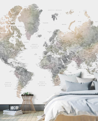 world map with cities in stone tones