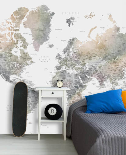 world map with cities in stone tones