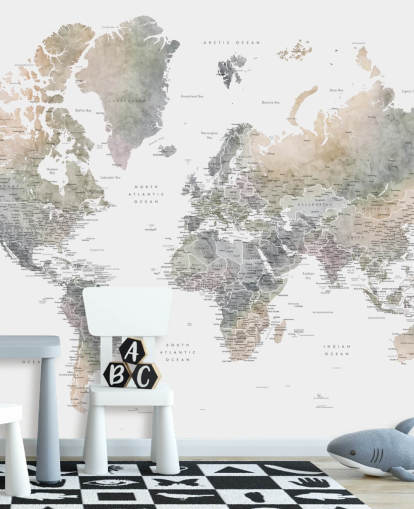 world map with cities in stone tones