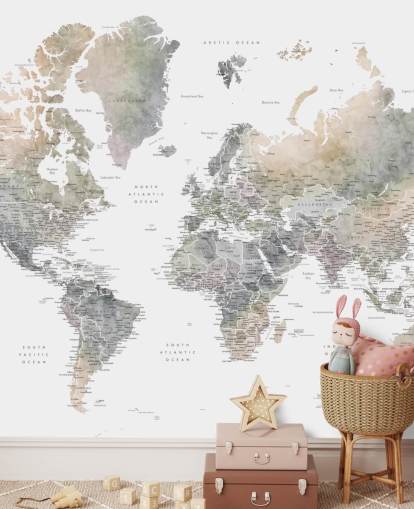 world map with cities in stone tones