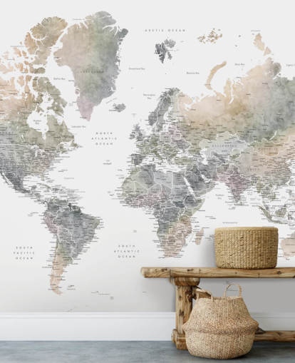 world map with cities in stone tones