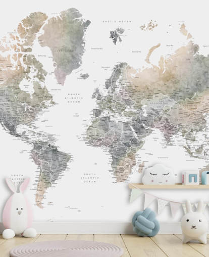 world map with cities in stone tones