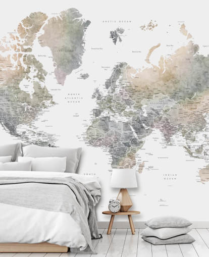 world map with cities in stone tones