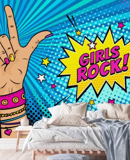 Pop art wall mural with female hand with rock n roll sign and Girls Rock speech bubble Pop art wall mural with female hand with rock n roll sign and Girls Rock speech bubble