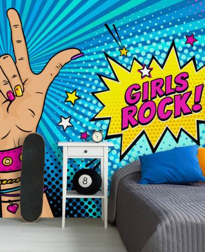 Pop-taide-seinämaalaus naiskädellä, rock n roll -merkki ja Girls Rock -puhekupla