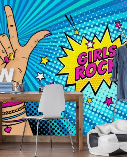 Pop art veggmaleri med kvinnelig hånd med rock n roll-skilt og Girls Rock taleboble