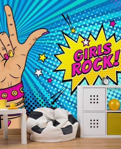 Decorazione murale pop art con mano femminile con cartello rock n roll e bolla vocale Girls Rock Decorazione murale pop art con mano femminile con cartello rock n roll e bolla vocale Girls Rock