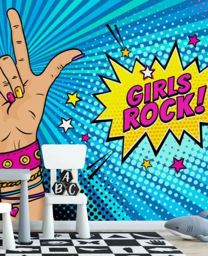 Decorazione murale pop art con mano femminile con cartello rock n roll e bolla vocale Girls Rock