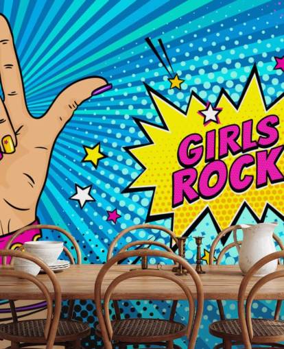 Mural de pared de arte pop con mano femenina con letrero de rock n roll y burbuja de diálogo Girls Rock