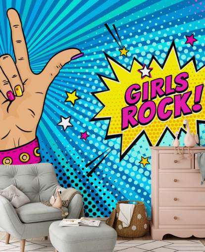 Decorazione murale pop art con mano femminile con cartello rock n roll e bolla vocale Girls Rock