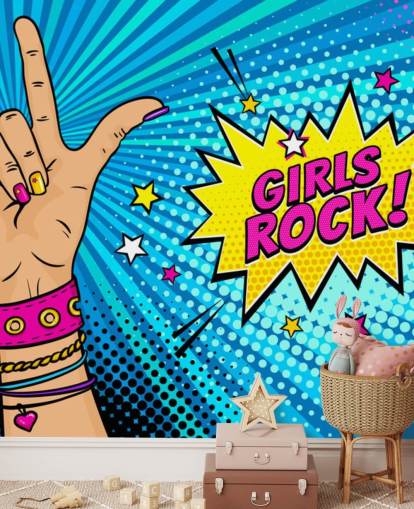 Mural de parede de arte pop com mão feminina com letreiro de rock n roll e balão de fala Girls Rock