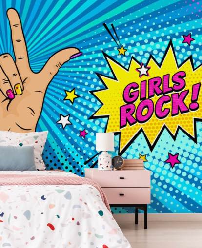 Decorazione murale pop art con mano femminile con cartello rock n roll e bolla vocale Girls Rock Decorazione murale pop art con mano femminile con cartello rock n roll e bolla vocale Girls Rock