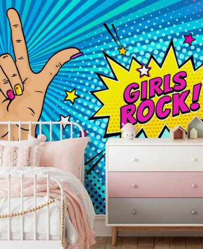 Pop-art muurschildering met vrouwelijke hand met rock-'n-roll-bord en Girls Rock-tekstballon