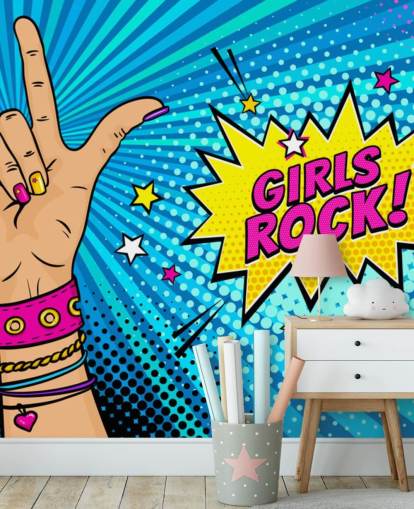 Pop art veggmaleri med kvinnelig hånd med rock n roll-skilt og Girls Rock taleboble Pop art veggmaleri med kvinnelig hånd med rock n roll-skilt og Girls Rock taleboble