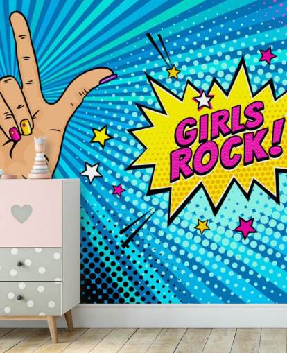 Popkonst väggmålning med kvinnlig hand med rock n roll-skylt och Girls Rock pratbubbla Popkonst väggmålning med kvinnlig hand med rock n roll-skylt och Girls Rock pratbubbla
