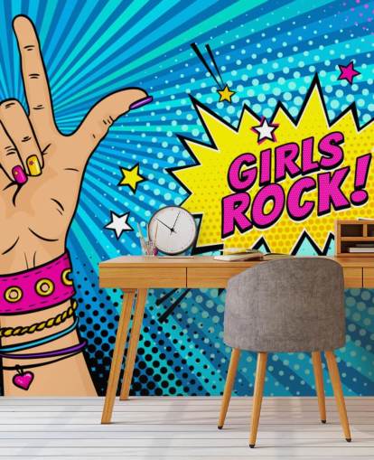 Mural de pared de arte pop con mano femenina con letrero de rock n roll y burbuja de diálogo Girls Rock Mural de pared de arte pop con mano femenina con letrero de rock n roll y burbuja de diálogo Girls Rock