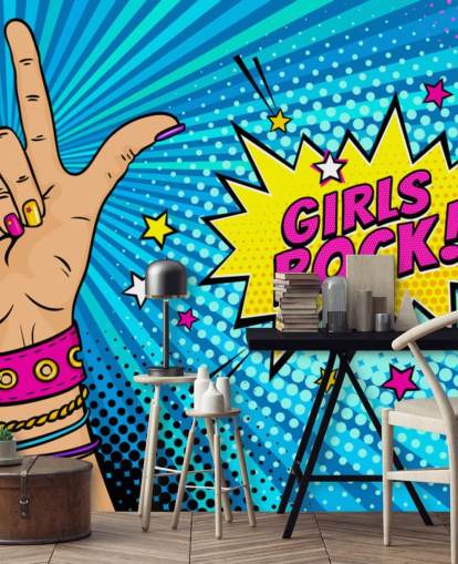 Pop art wall mural with female hand with rock n roll sign and Girls Rock speech bubble Pop art wall mural with female hand with rock n roll sign and Girls Rock speech bubble