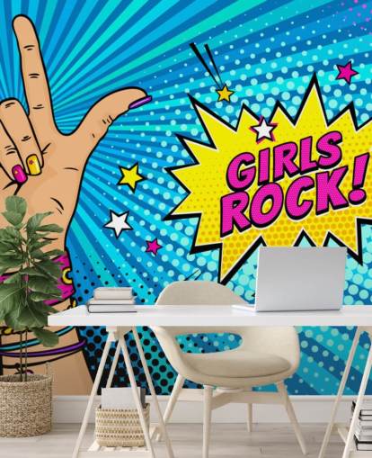 Pop art veggmaleri med kvinnelig hånd med rock n roll-skilt og Girls Rock taleboble