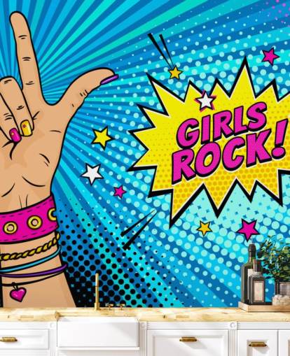 Mural de pared de arte pop con mano femenina con letrero de rock n roll y burbuja de diálogo Girls Rock Mural de pared de arte pop con mano femenina con letrero de rock n roll y burbuja de diálogo Girls Rock