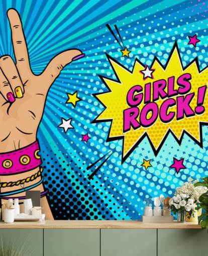 Pop art wall mural with female hand with rock n roll sign and Girls Rock speech bubble Pop art wall mural with female hand with rock n roll sign and Girls Rock speech bubble