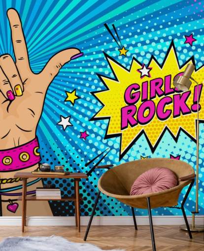 Mural de pared de arte pop con mano femenina con letrero de rock n roll y burbuja de diálogo Girls Rock