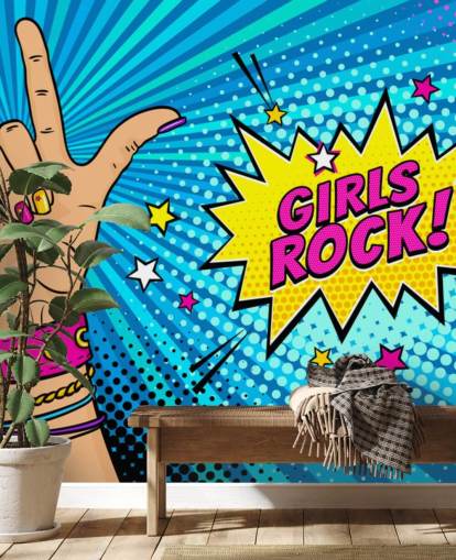 Mural de parede de arte pop com mão feminina com letreiro de rock n roll e balão de fala Girls Rock Mural de parede de arte pop com mão feminina com letreiro de rock n roll e balão de fala Girls Rock