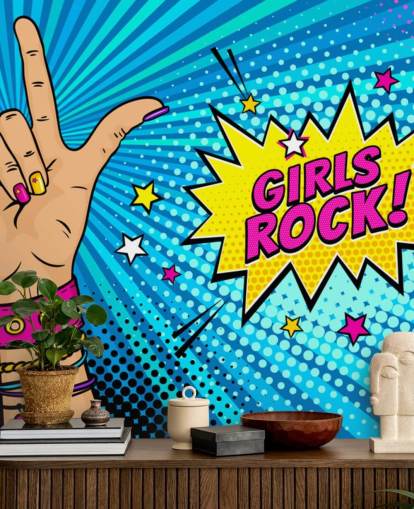 Mural de pared de arte pop con mano femenina con letrero de rock n roll y burbuja de diálogo Girls Rock