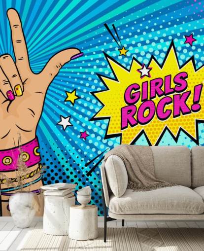Mural de pared de arte pop con mano femenina con letrero de rock n roll y burbuja de diálogo Girls Rock