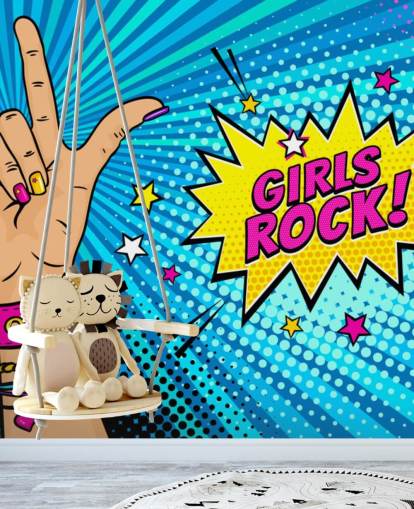 Pop-Art-Wandbild mit weiblicher Hand mit Rock'n'Roll-Schild und Girls Rock-Sprechblase