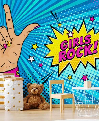 Decorazione murale pop art con mano femminile con cartello rock n roll e bolla vocale Girls Rock