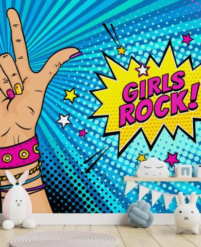 Pop-Art-Wandbild mit weiblicher Hand mit Rock'n'Roll-Schild und Girls Rock-Sprechblase