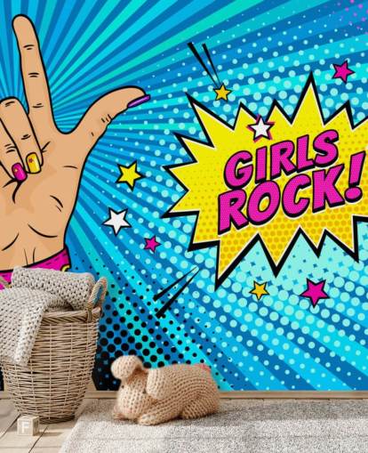 Mural de pared de arte pop con mano femenina con letrero de rock n roll y burbuja de diálogo Girls Rock