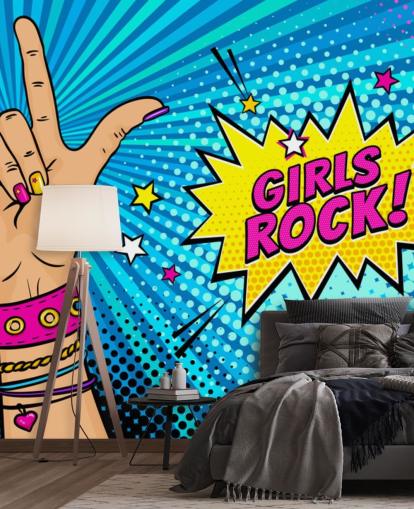 Popkonst väggmålning med kvinnlig hand med rock n roll-skylt och Girls Rock pratbubbla Popkonst väggmålning med kvinnlig hand med rock n roll-skylt och Girls Rock pratbubbla