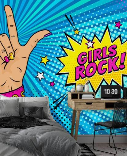 Decorazione murale pop art con mano femminile con cartello rock n roll e bolla vocale Girls Rock Decorazione murale pop art con mano femminile con cartello rock n roll e bolla vocale Girls Rock