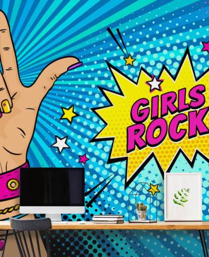 Pop art vægmaleri med kvindelig hånd med rock n roll-skilt og Girls Rock taleboble