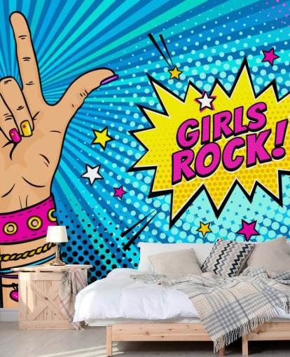 Mural de pared de arte pop con mano femenina con letrero de rock n roll y burbuja de diálogo Girls Rock